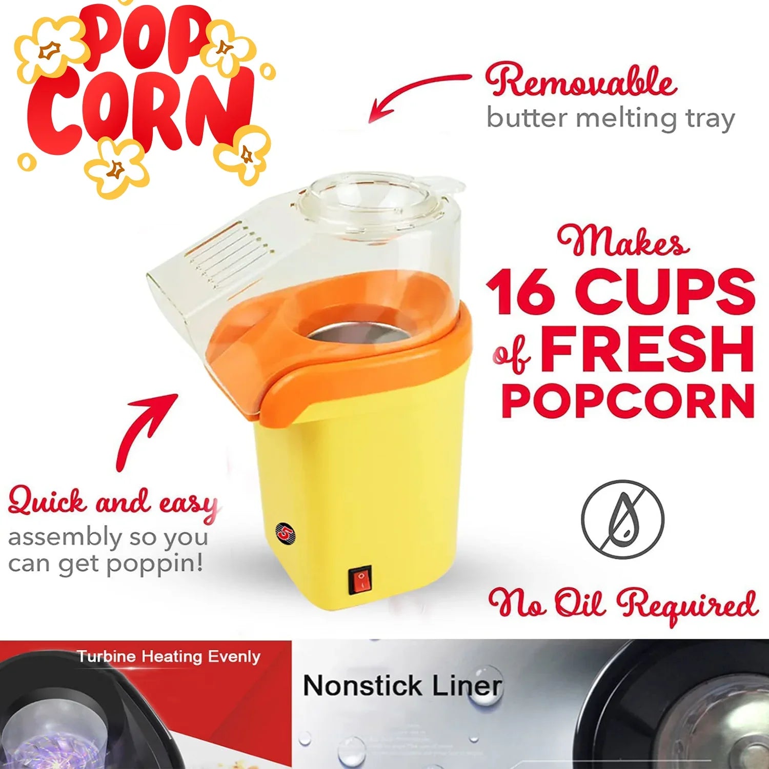 5Core Hot Air Popcorn Maker – Mini Portable Electric Popper (16-Cup Capacity)