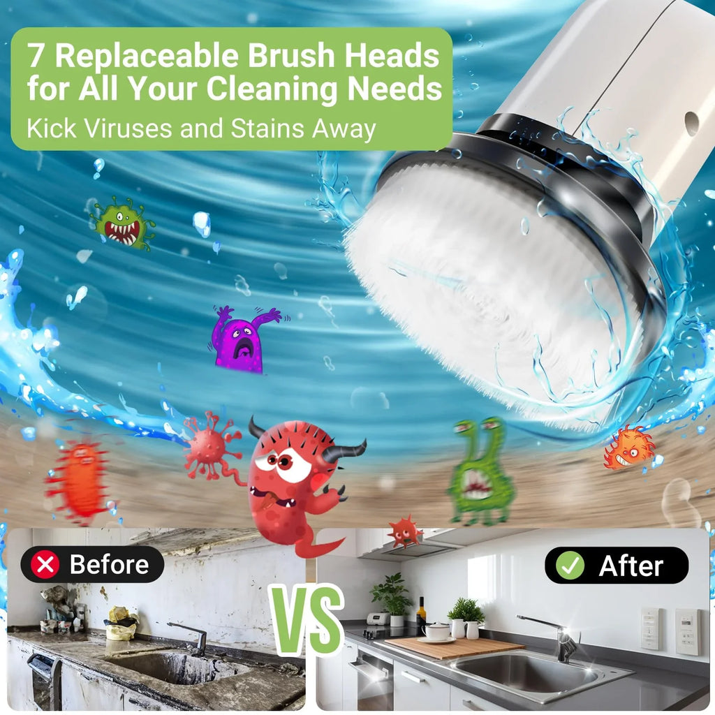 Electric Spin Scrubber – Cordless Power Cleaning Brush with 8 Replaceable Heads & Long Handle for Bathroom, Tile & Floors