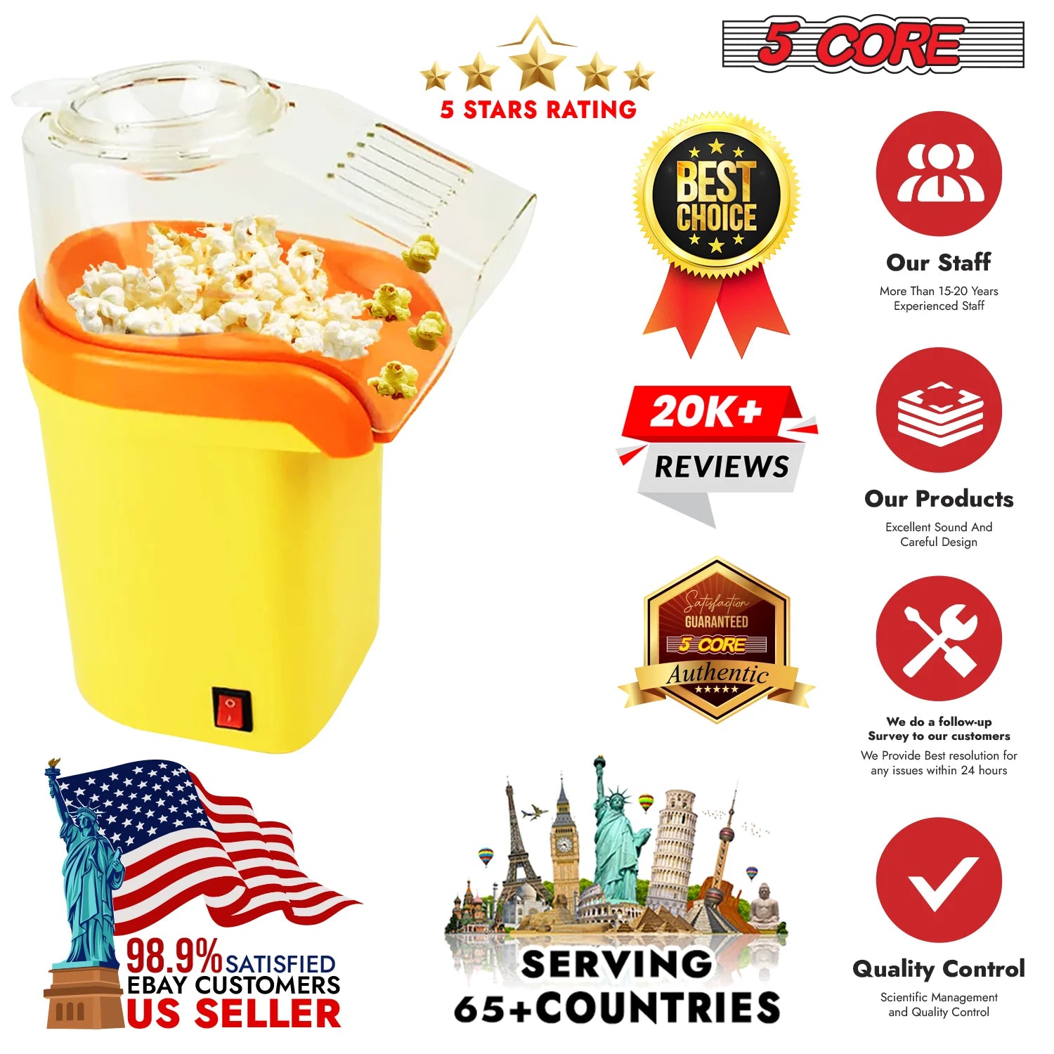 5Core Hot Air Popcorn Maker – Mini Portable Electric Popper (16-Cup Capacity)