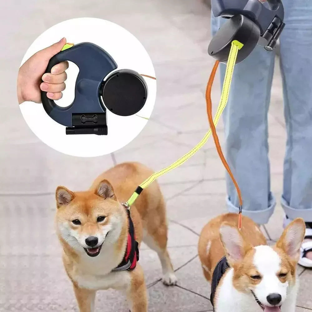 Dual Pet Retractable Leash with Reflective Features and 360-Degree Swivel for Double Dog Walking