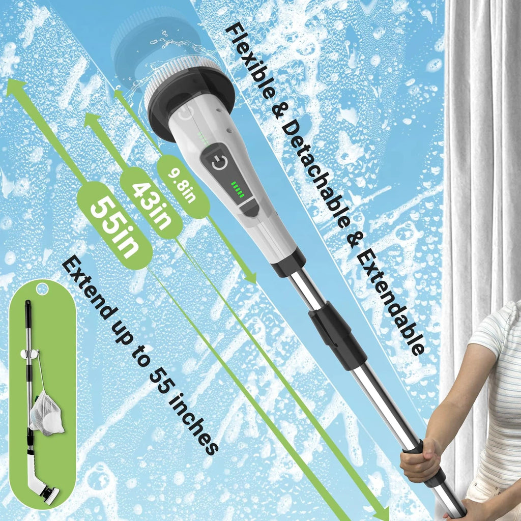 Electric Spin Scrubber – Cordless Power Cleaning Brush with 8 Replaceable Heads & Long Handle for Bathroom, Tile & Floors