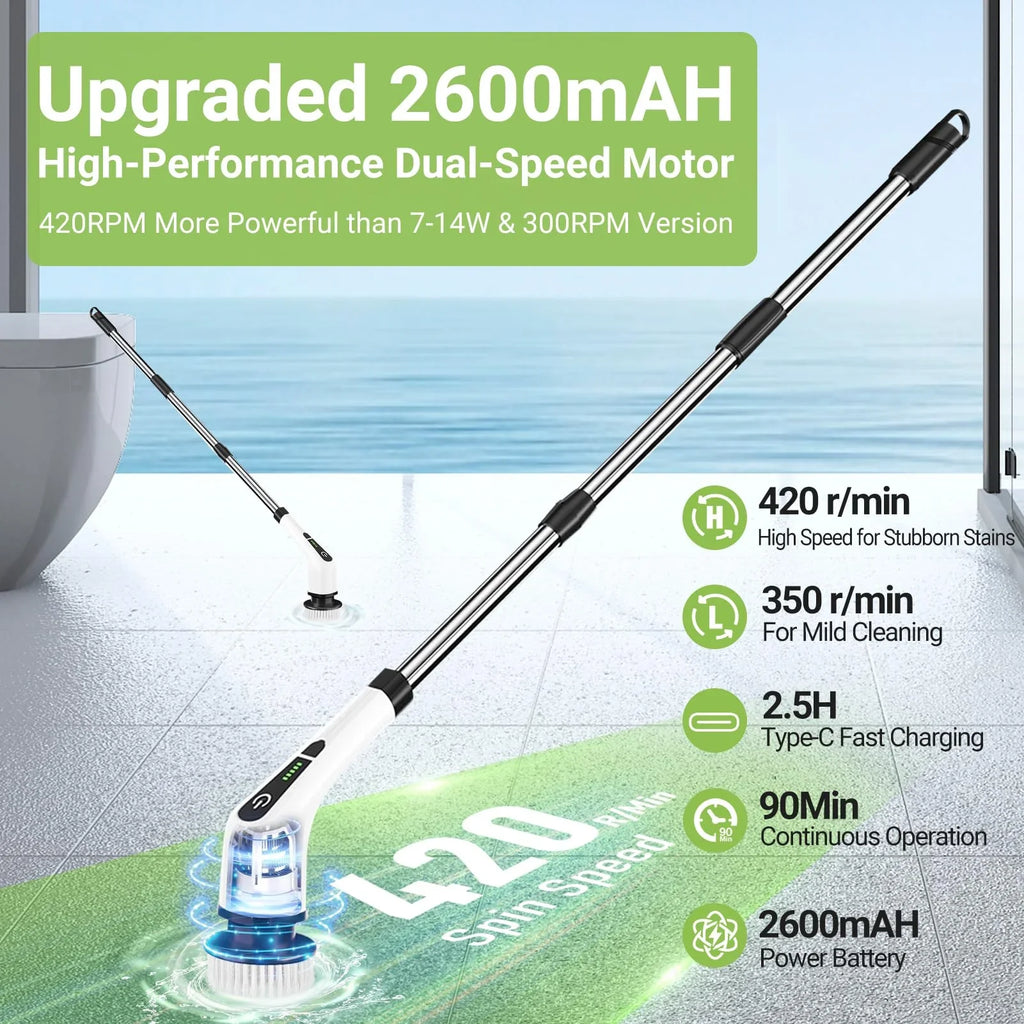 Electric Spin Scrubber – Cordless Power Cleaning Brush with 8 Replaceable Heads & Long Handle for Bathroom, Tile & Floors