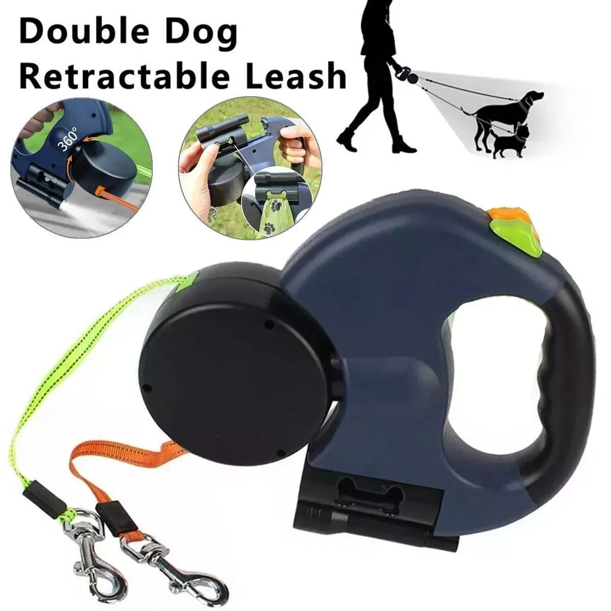 Dual Pet Retractable Leash with Reflective Features and 360-Degree Swivel for Double Dog Walking