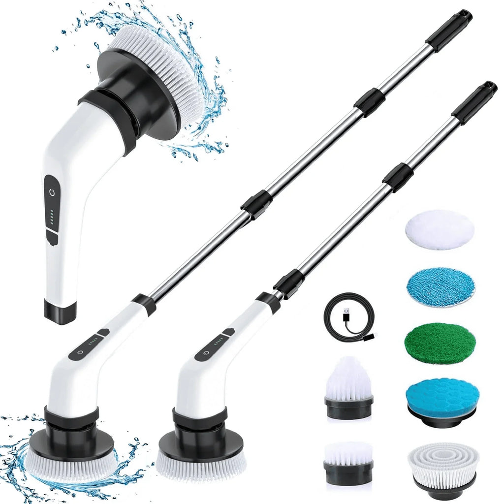 Electric Spin Scrubber – Cordless Power Cleaning Brush with 8 Replaceable Heads & Long Handle for Bathroom, Tile & Floors