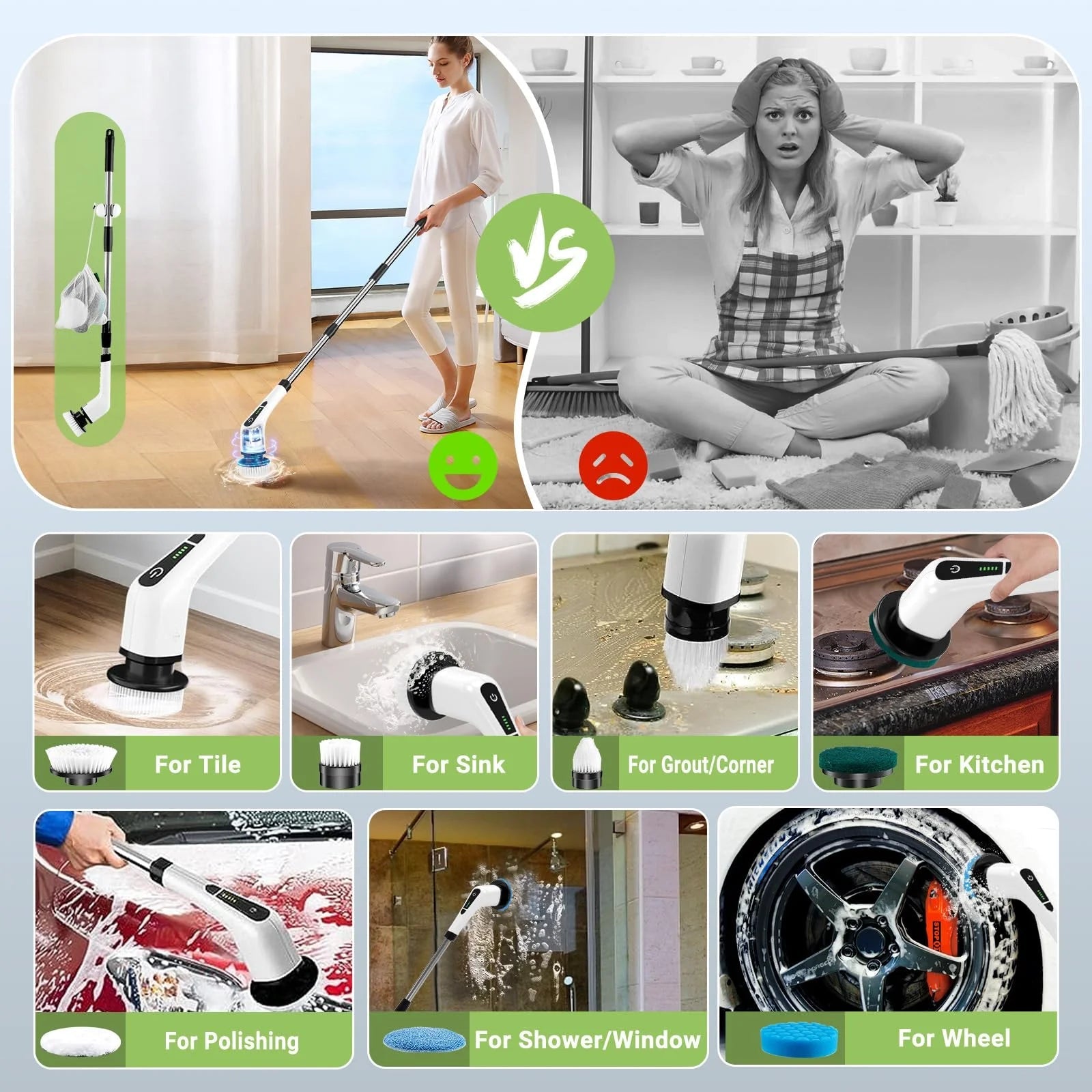 Electric Spin Scrubber – Cordless Power Cleaning Brush with 8 Replaceable Heads & Long Handle for Bathroom, Tile & Floors