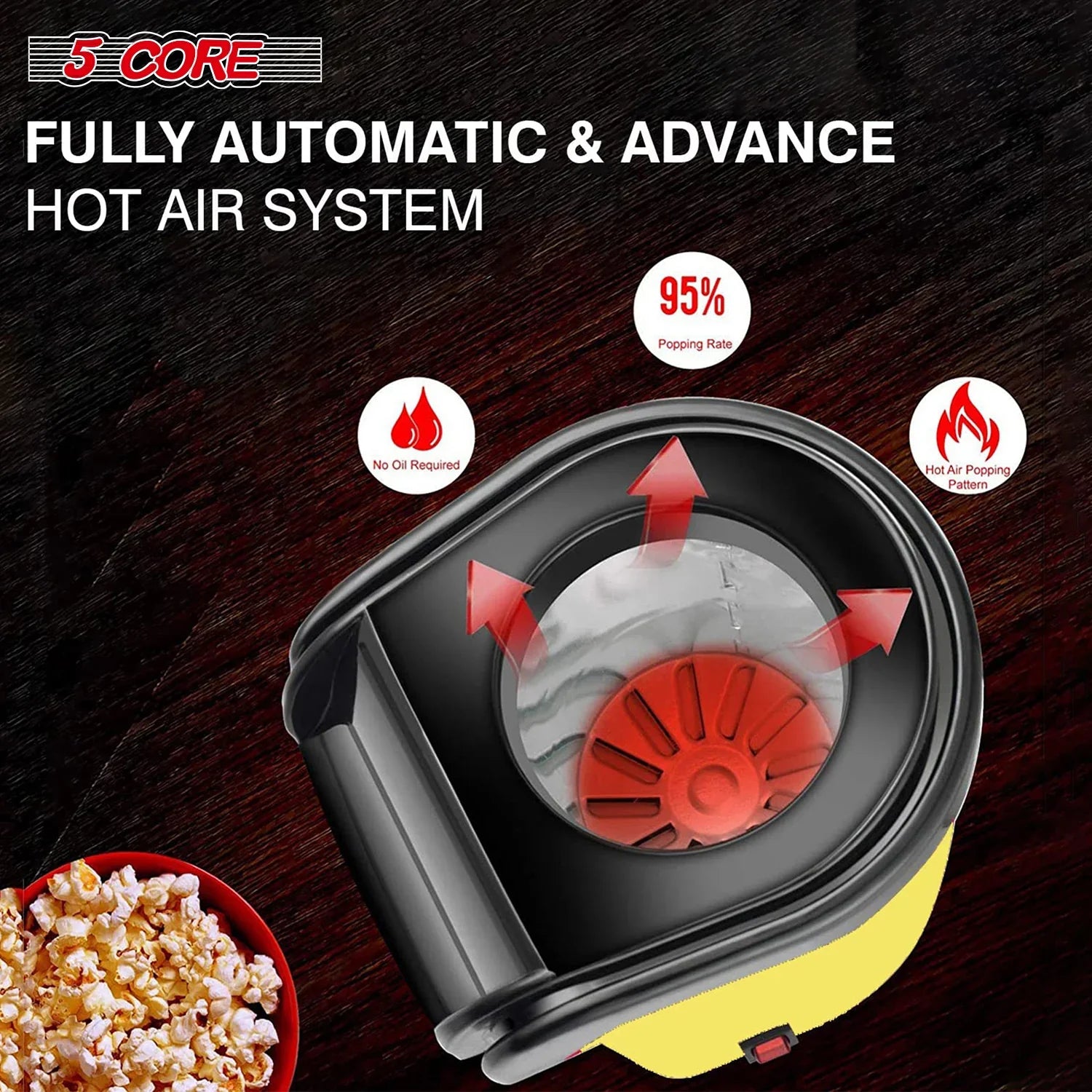 5Core Hot Air Popcorn Maker – Mini Portable Electric Popper (16-Cup Capacity)