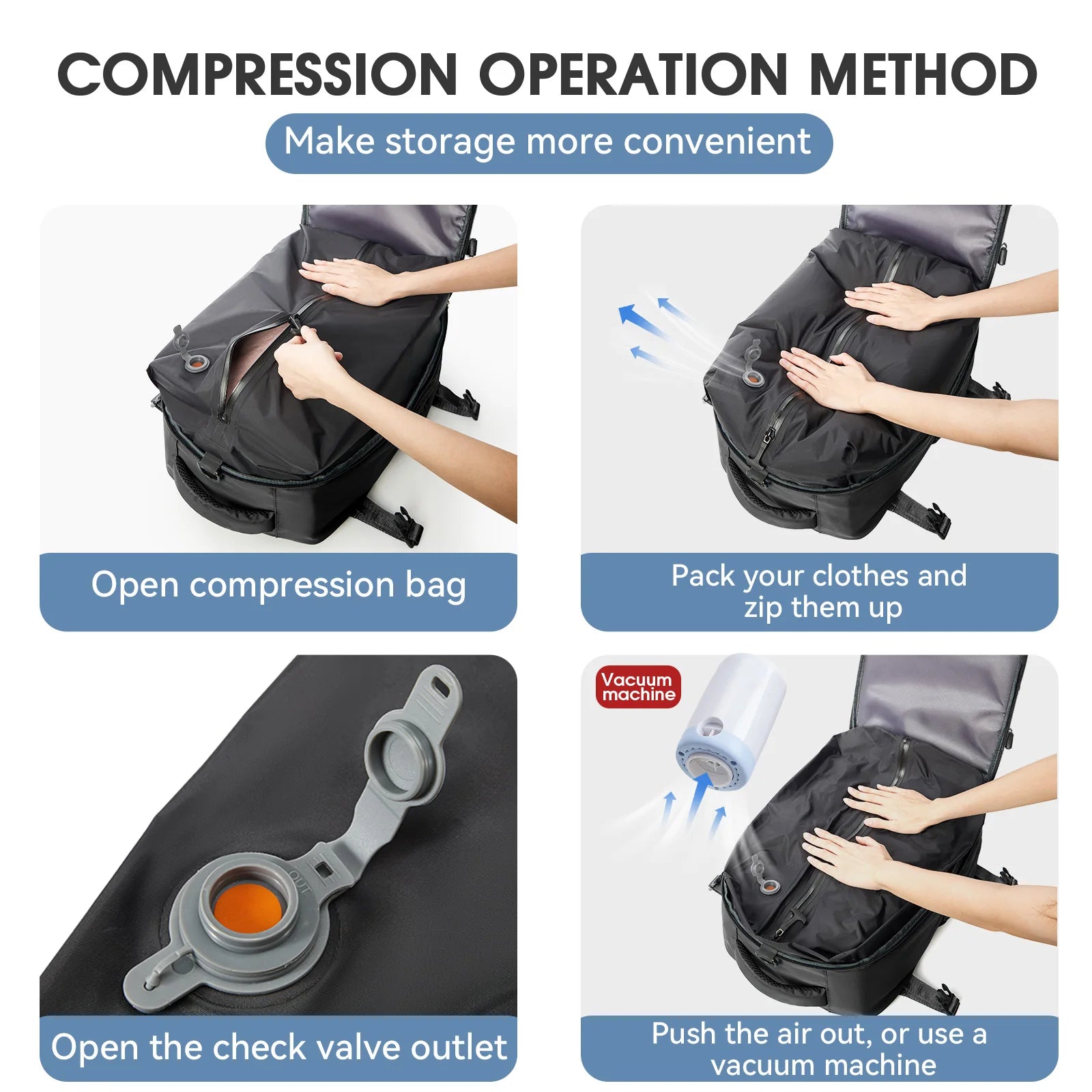 Vacuum Compression Backpack with Optional Pump – Expandable Large-Capacity Laptop, School & Business Bag for Men and Women