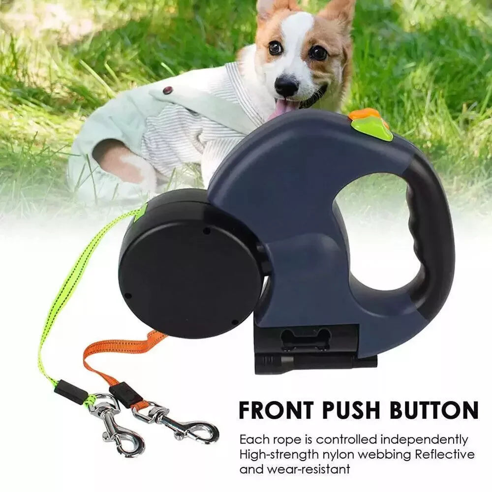 Dual Pet Retractable Leash with Reflective Features and 360-Degree Swivel for Double Dog Walking