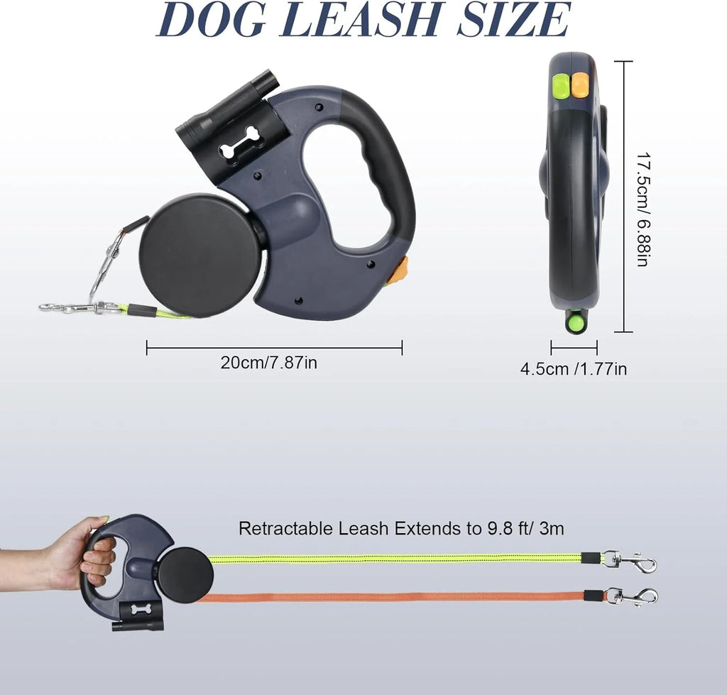 Dual Pet Retractable Leash with Reflective Features and 360-Degree Swivel for Double Dog Walking