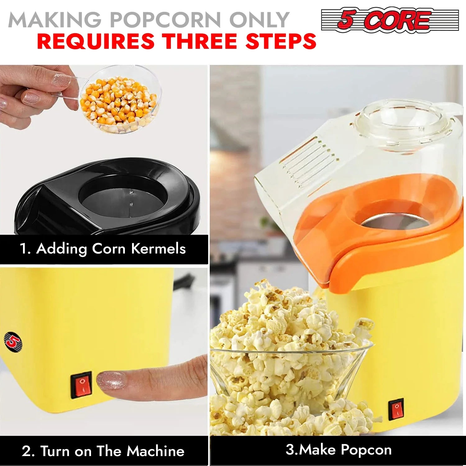 5Core Hot Air Popcorn Maker – Mini Portable Electric Popper (16-Cup Capacity)